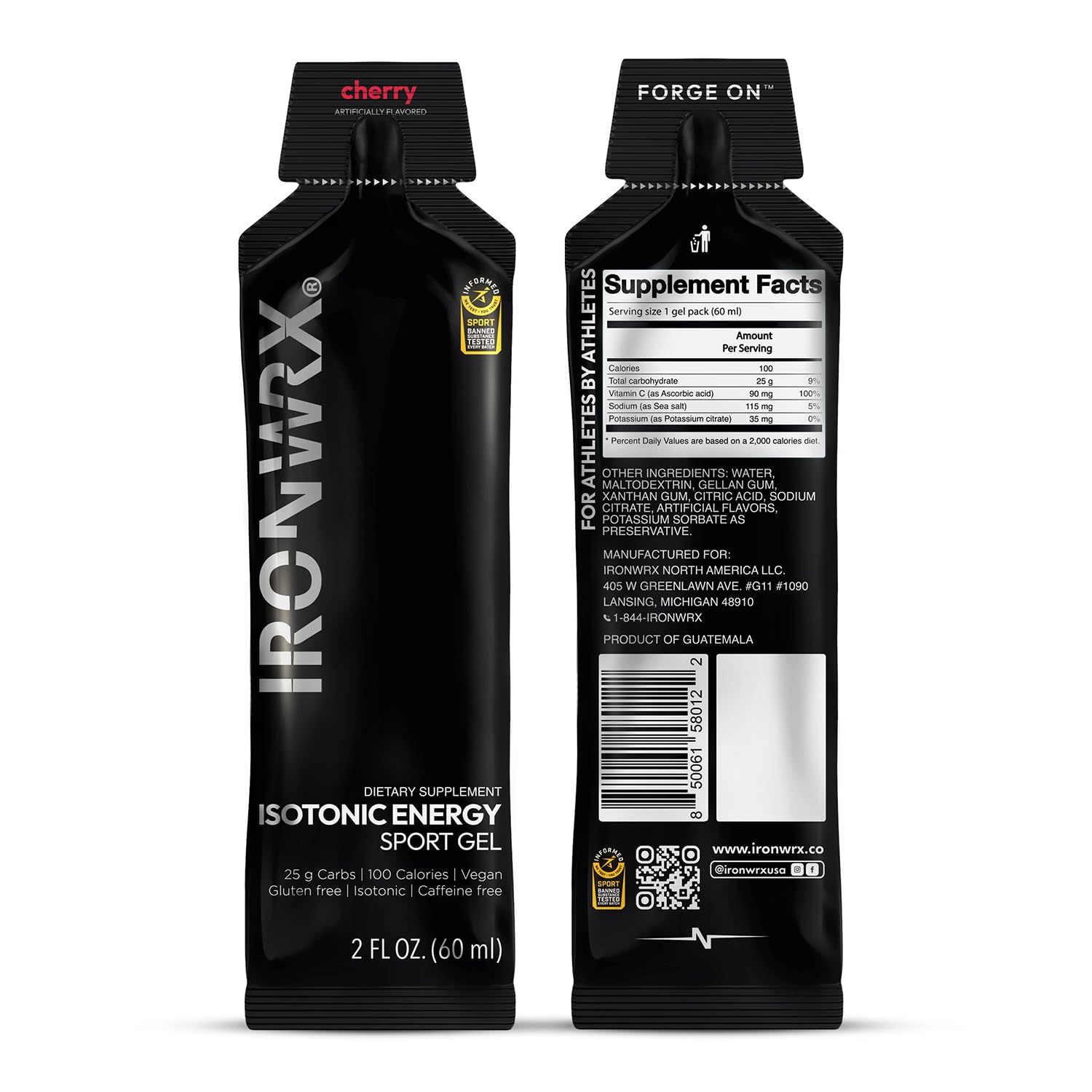 IRONWRX cherry energy gel open sachet for quick fueling mid-ride.