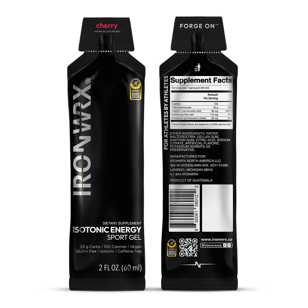 IRONWRX cherry energy gel open sachet for quick fueling mid-ride.