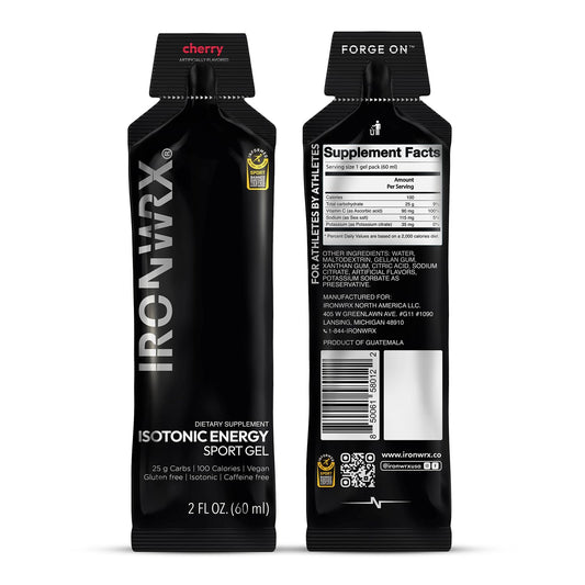 IRONWRX cherry energy gel open sachet for quick fueling mid-ride.