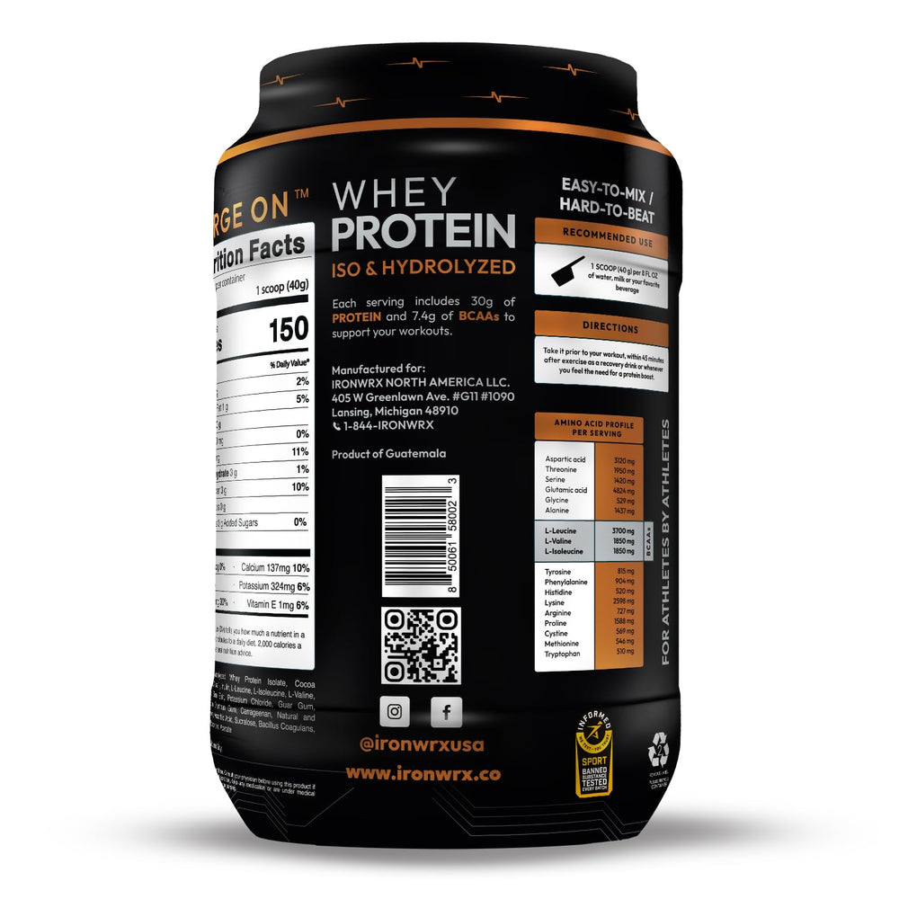 IRONWRX classic chocolate flavor powder highlights keto-friendly, low-carb protein option