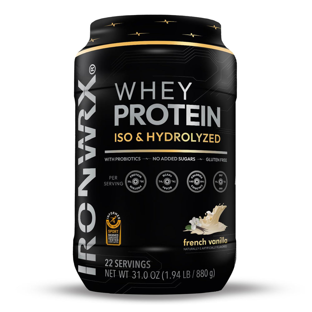 IRONWRX hydrolyzed whey canister front view, premium protein for athletes
