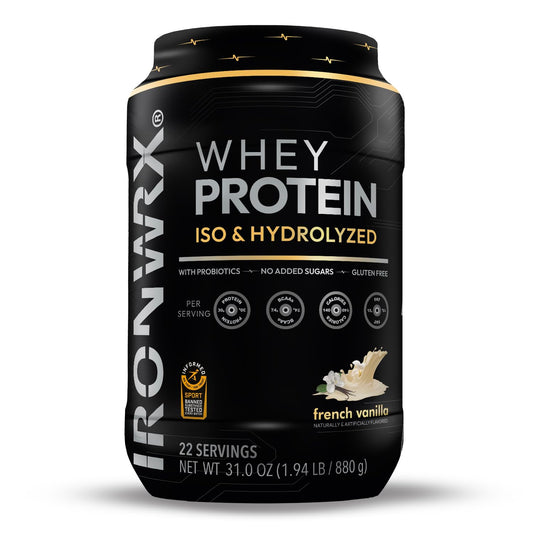 IRONWRX hydrolyzed whey canister front view, premium protein for athletes
