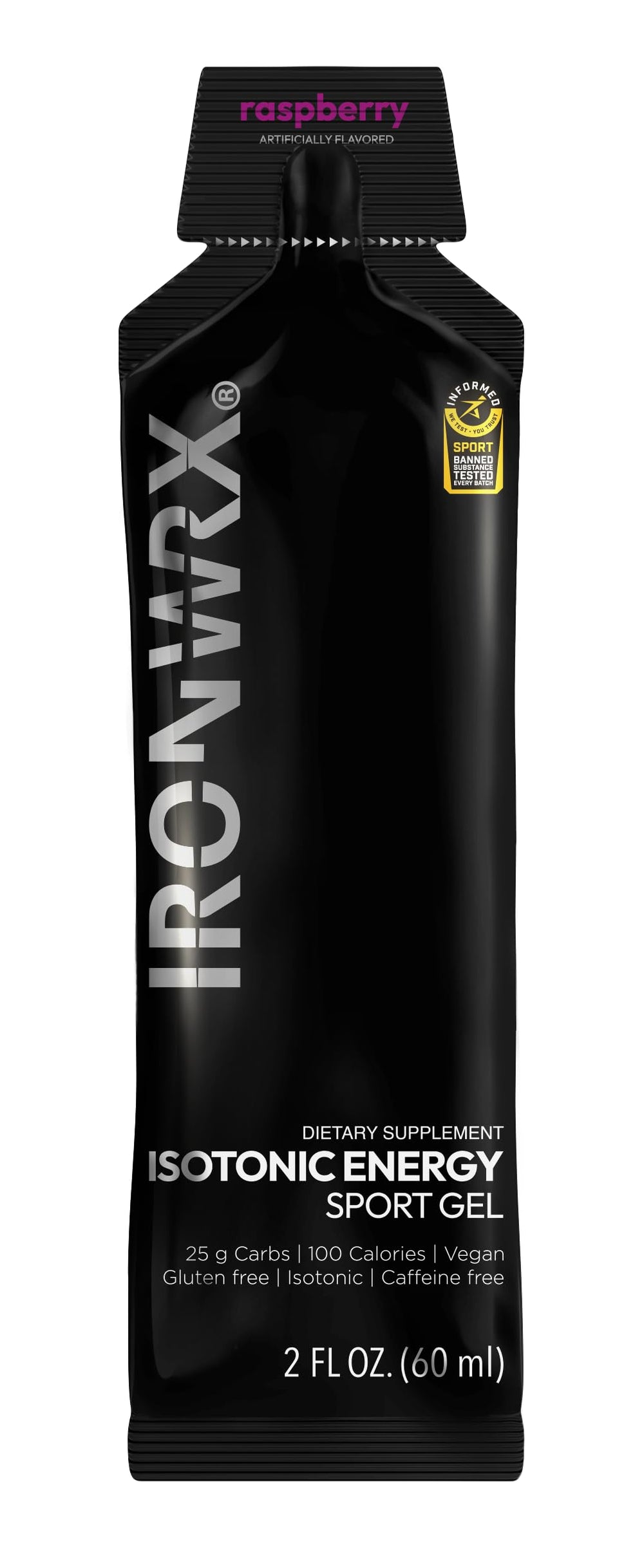 IRONWRX isotonic energy gel raspberry package showing compact design for fueling