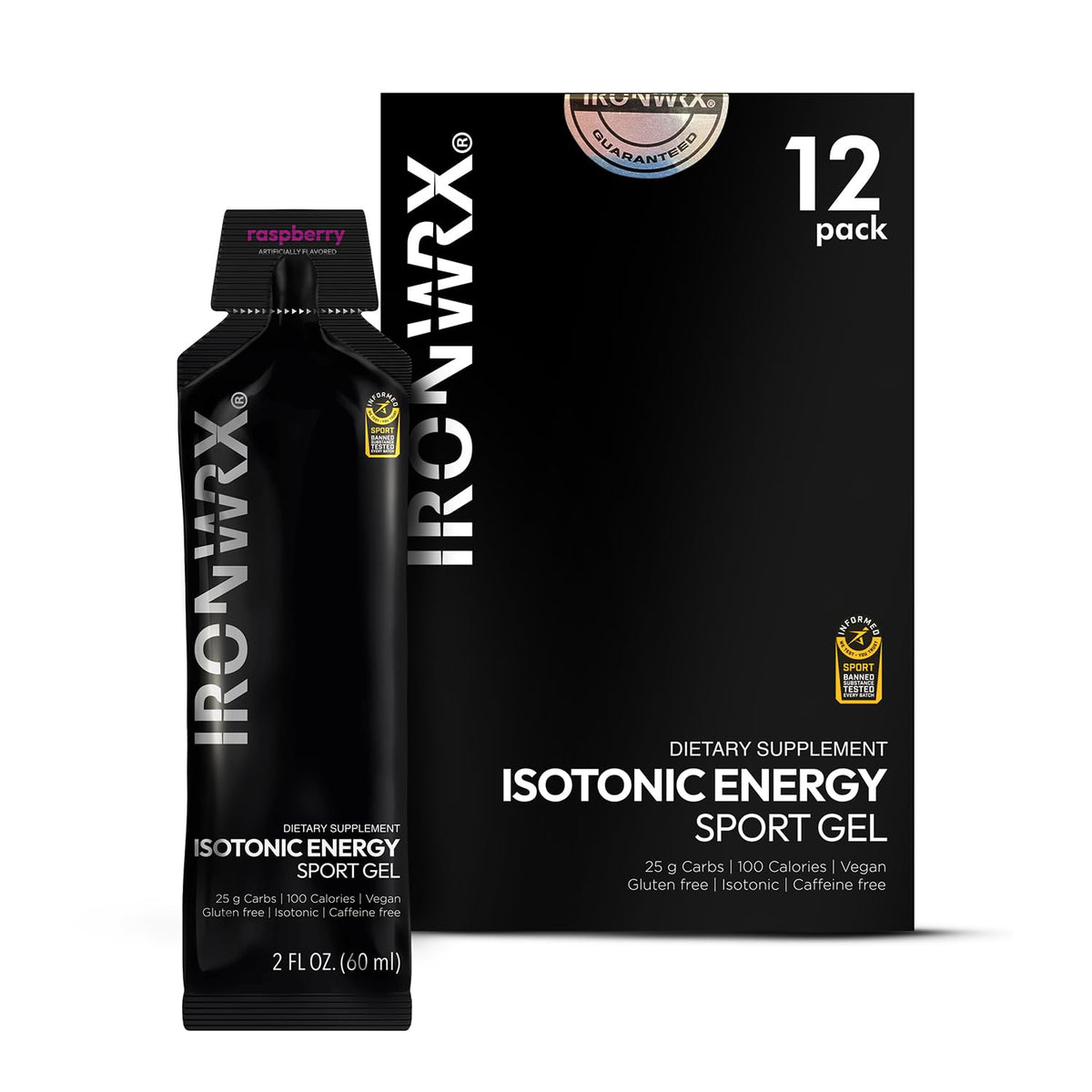 IRONWRX isotonic energy gel raspberry packet for quick fueling during runs