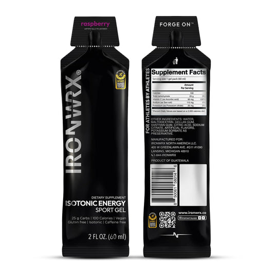 IRONWRX isotonic energy gel raspberry sachet closed for on-the-go fueling