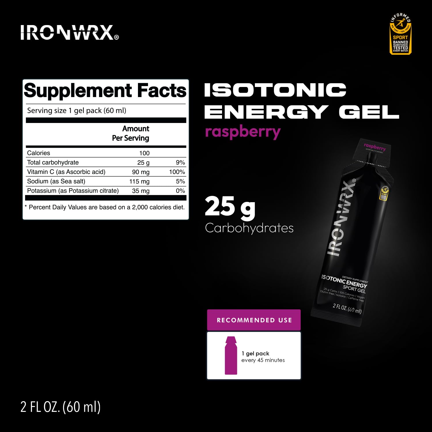 IRONWRX isotonic energy gel raspberry sachet open ready to swallow during ride