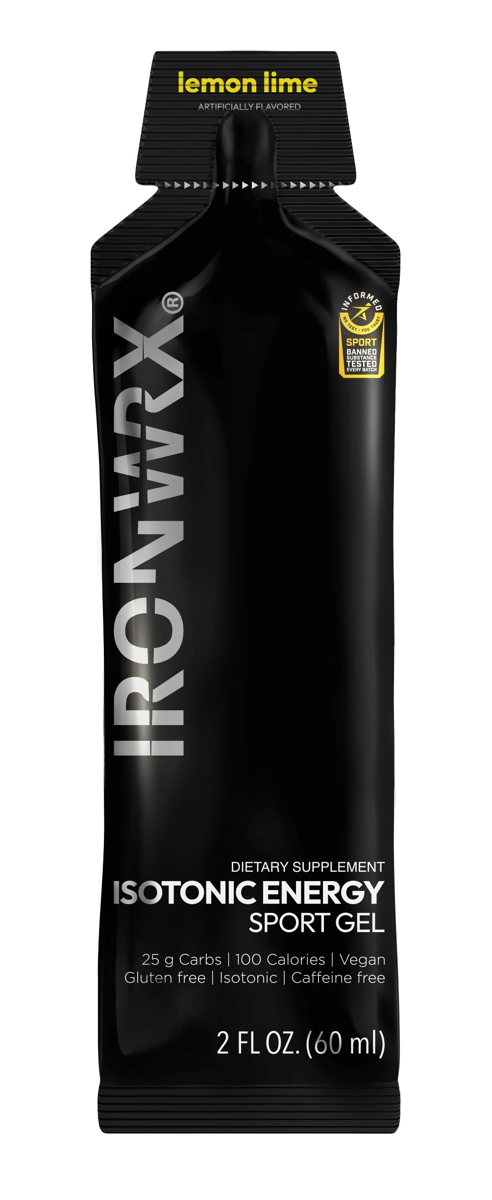 IRONWRX lemon lime gel nutrition label illustrating 25g carbs and electrolytes.