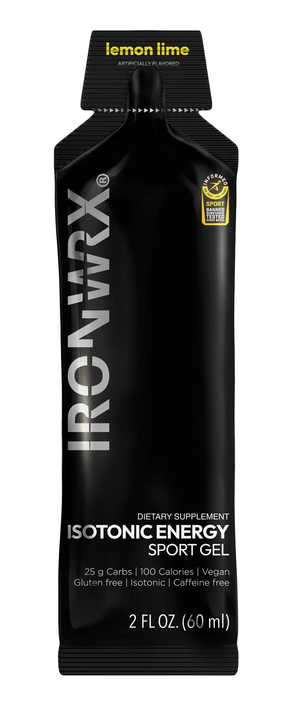 IRONWRX lemon lime gel nutrition label illustrating 25g carbs and electrolytes.