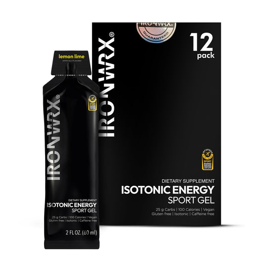 IRONWRX isotonic energy gel lemon lime packaging shows portable single-serve sachets for on-the-go fueling.
