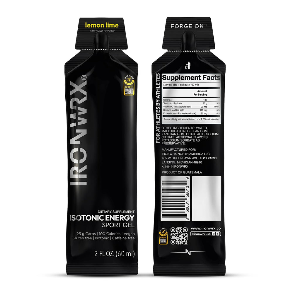 IRONWRX lemon lime gel pour action highlighting fast absorption while running.