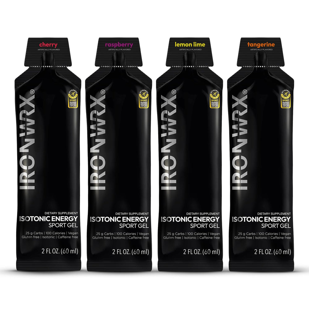 IRONWRX isotonic energy gels raspberry close-up showing convenient single-serve sachet