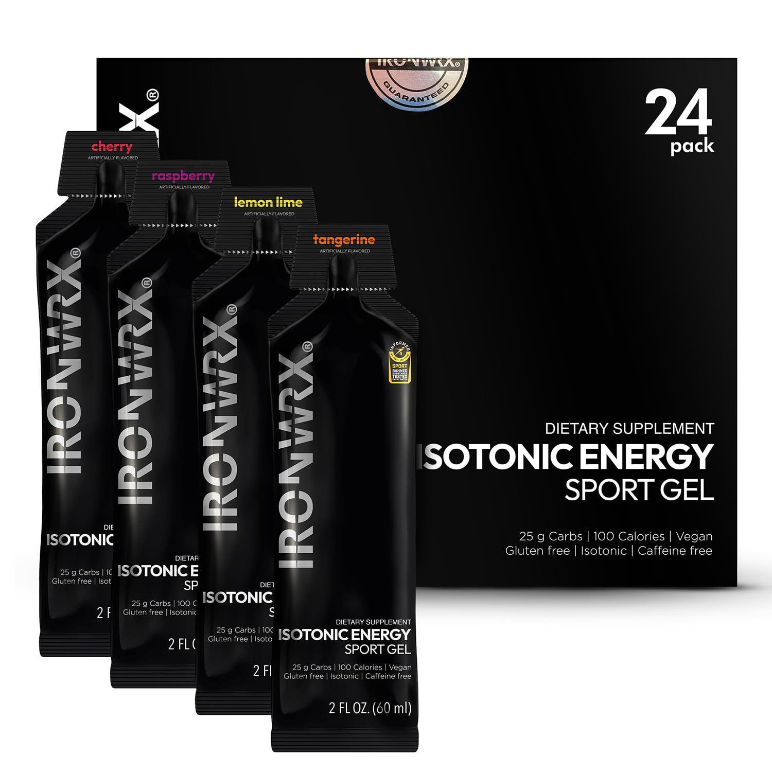IRONWRX isotonic energy gels raspberry packaging for easy fueling during runs