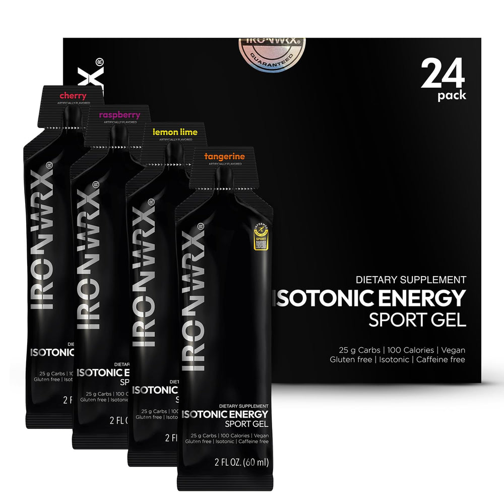 IRONWRX isotonic energy gels raspberry packaging for easy fueling during runs