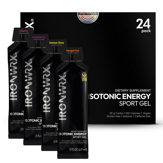 IRONWRX isotonic energy gels raspberry packaging for easy fueling during runs
