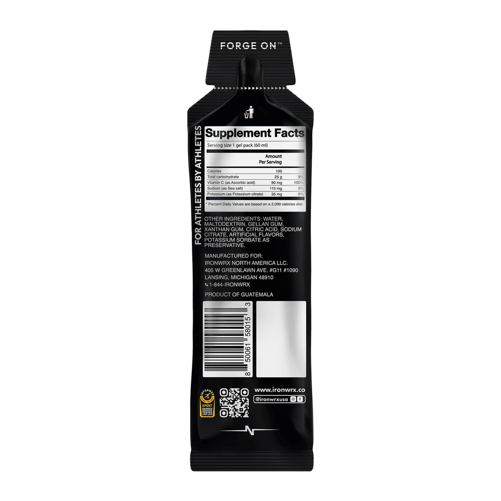 IRONWRX isotonic energy gels nutrition facts panel for athletes