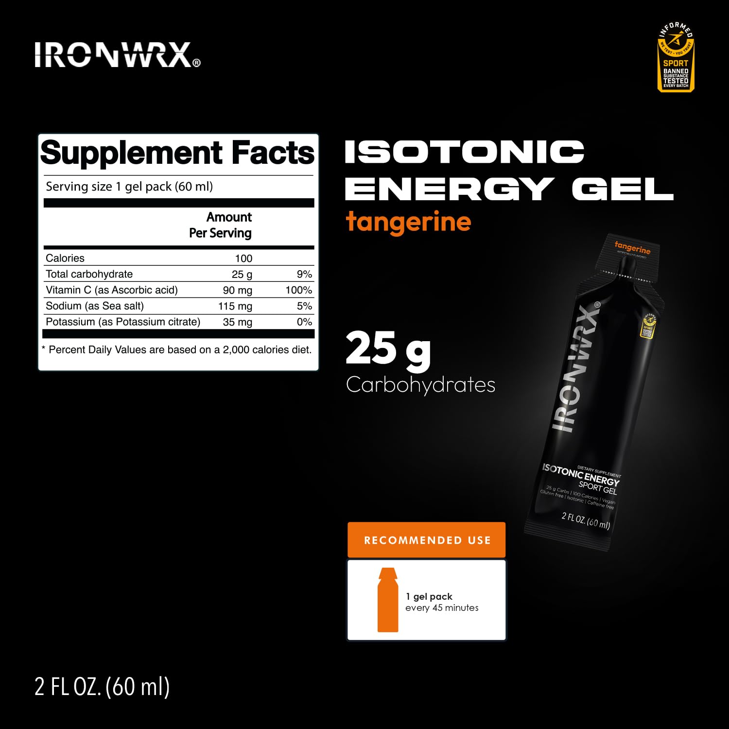 IRONWRX isotonic energy gels packaging display with certification and label