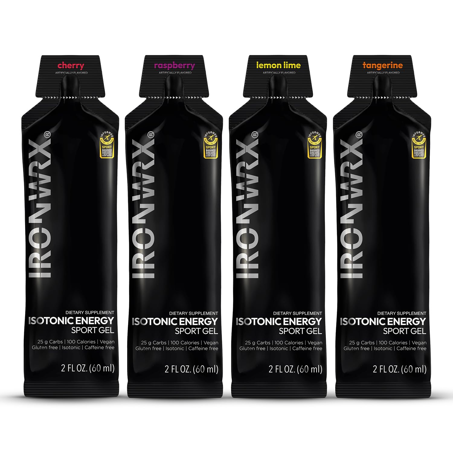 IRONWRX isotonic gels tangerine pack supports fast carbs and hydration on training rides.