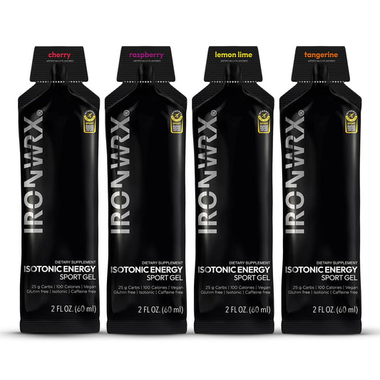 IRONWRX isotonic gels tangerine pack supports fast carbs and hydration on training rides.