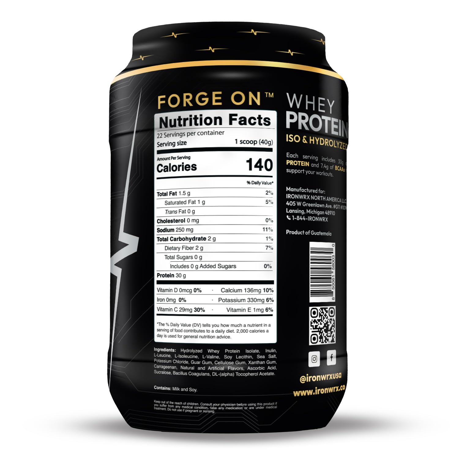 IRONWRX protein scoop on surface measuring a 30g serving for workouts