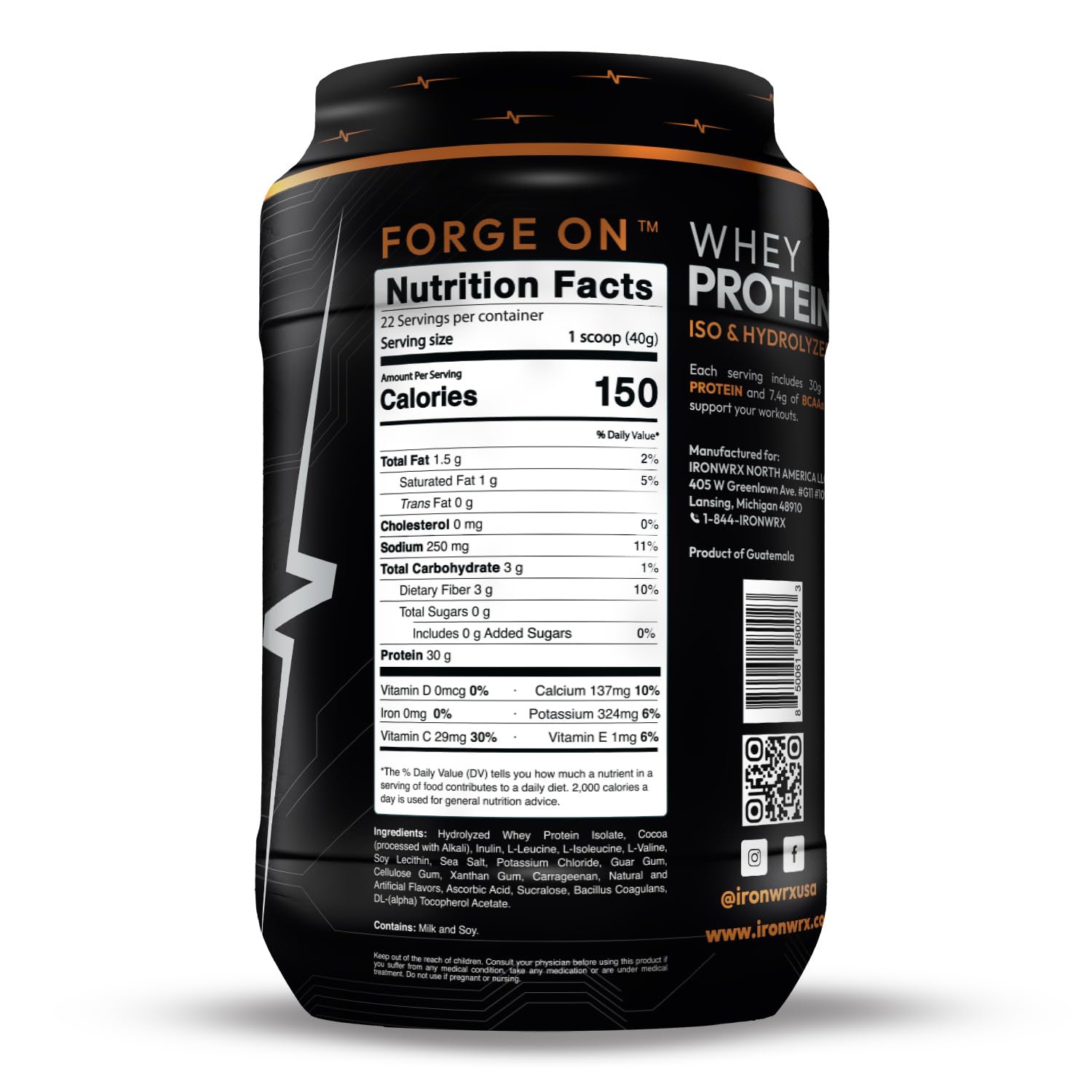 IRONWRX whey protein powder jar emphasizing fast-absorbing formula for post-workout recovery
