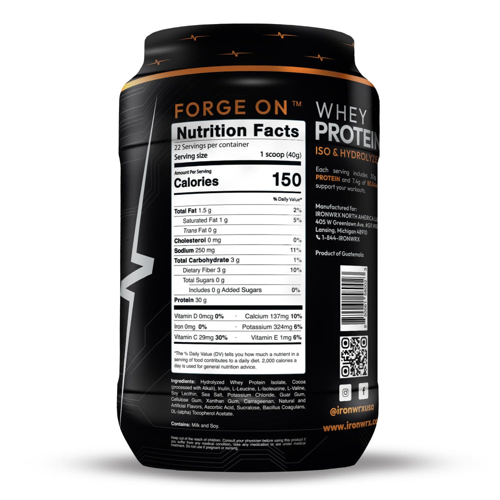 IRONWRX whey protein powder jar emphasizing fast-absorbing formula for post-workout recovery