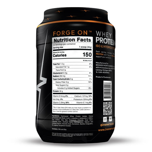 IRONWRX whey protein powder jar emphasizing fast-absorbing formula for post-workout recovery