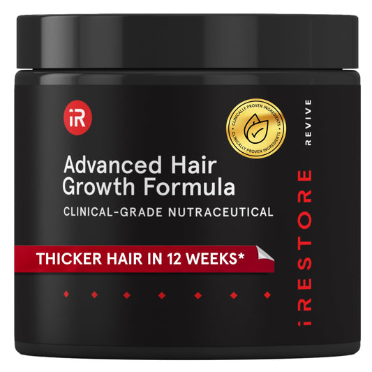 iRestore Advanced Hair Growth Supplement bottle highlights convenient daily use.