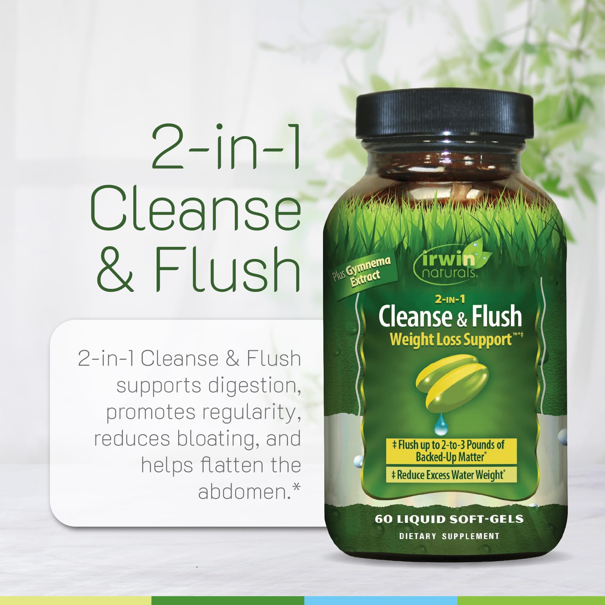 Irwin Naturals bottle pouring soft-gels illustrating dosing convenience