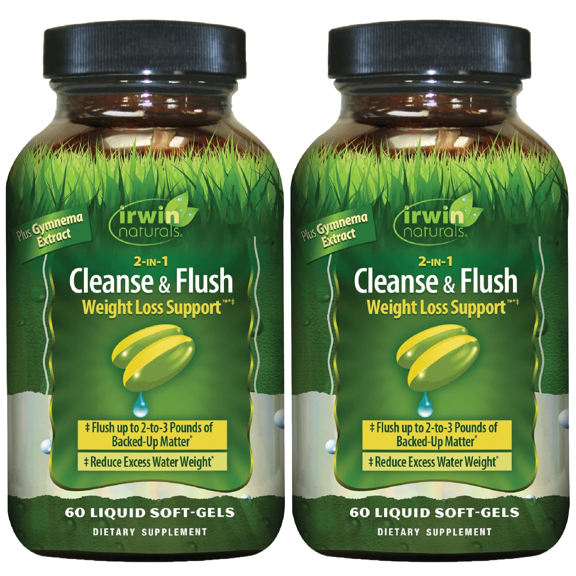 Irwin Naturals 2-in-1 Cleanse & Flush bottle with soft-gels for regularity