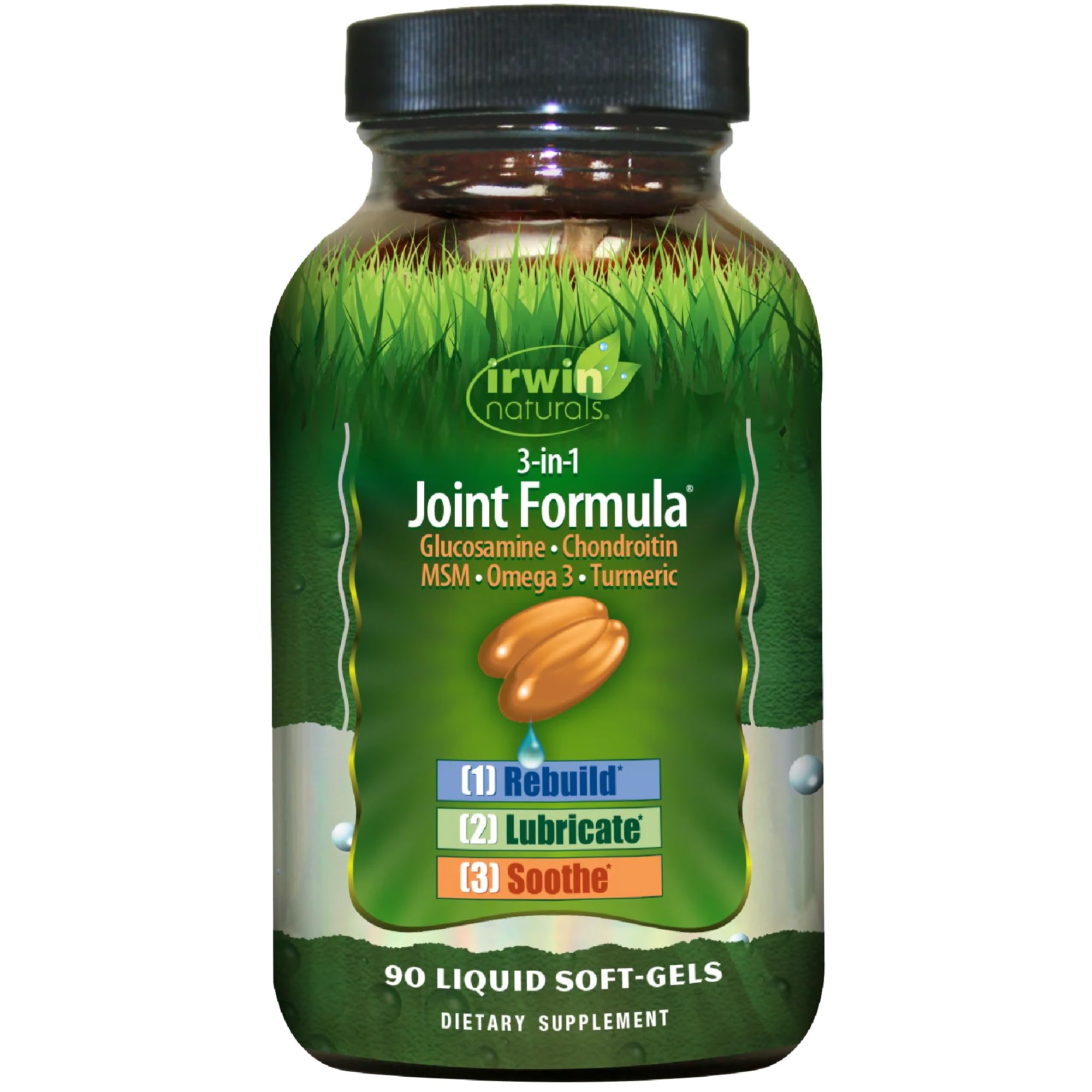 Irwin Naturals 3-in-1 joint formula bottle on a clean countertop for daily use.