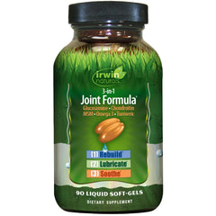 Irwin Naturals 3-in-1 joint formula bottle on a clean countertop for daily use.