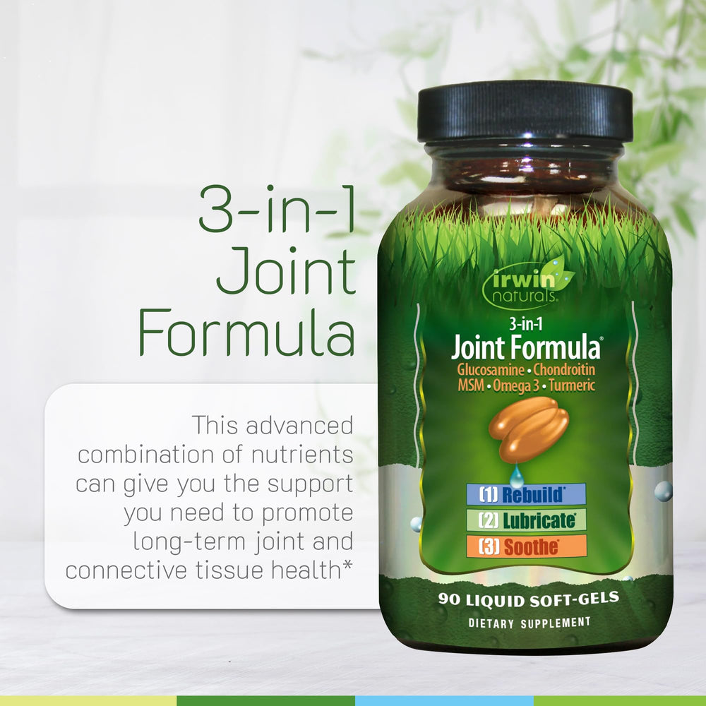 Irwin Naturals ingredients panel emphasizes omega oils and botanical blends.