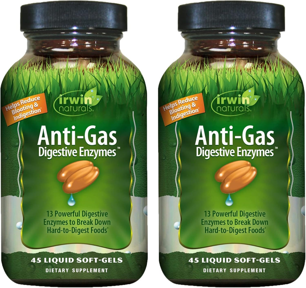 Irwin Naturals Anti-Gas Digestive Enzymes bottle pour showing easy meal-time support