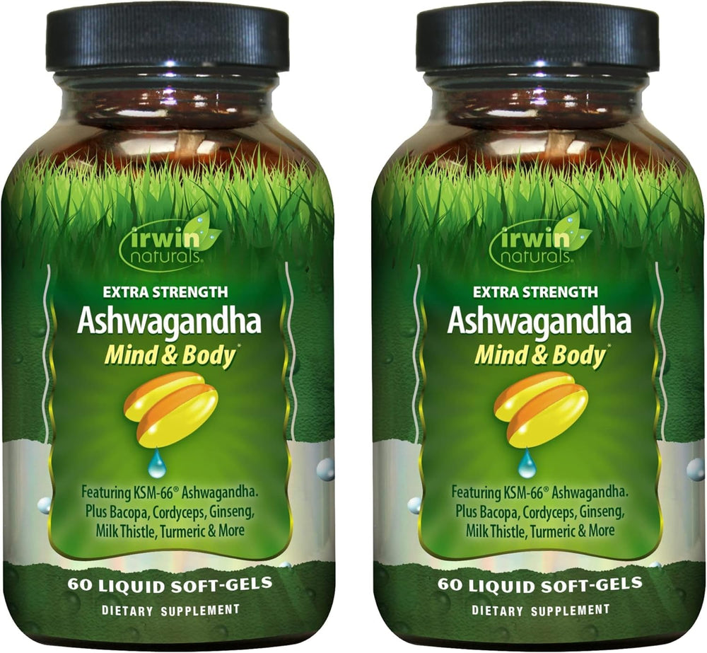 Irwin Naturals Ashwagandha Mind & Body bottle front for daily focus and energy.