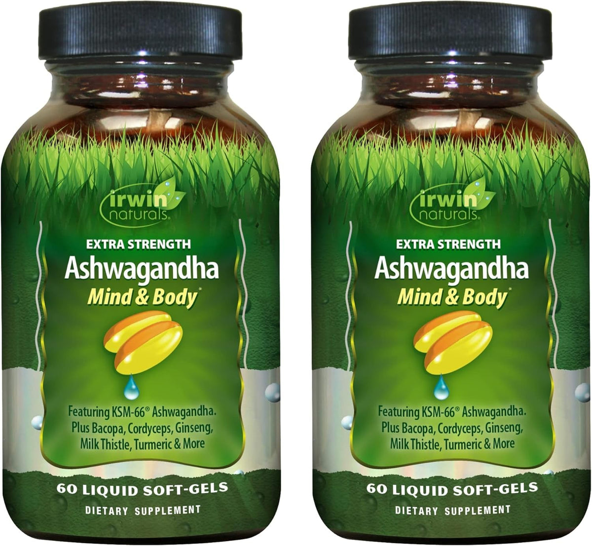 Irwin Naturals Ashwagandha Mind & Body bottle front for daily focus and energy.