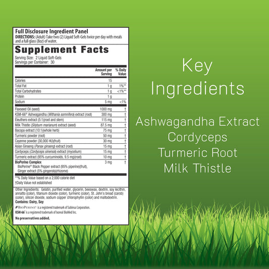 Irwin Naturals Ashwagandha Mind & Body bottle side label highlights antioxidant ingredients for overall health.