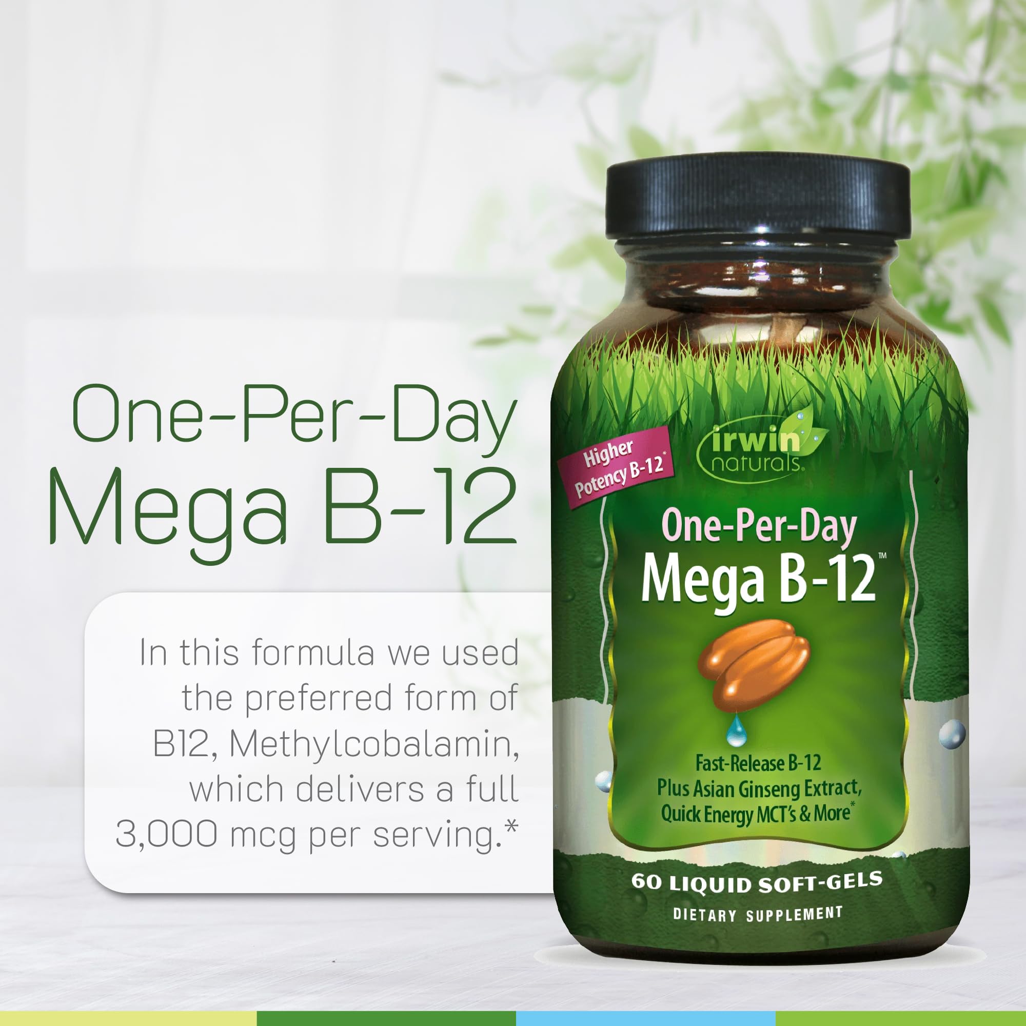 Irwin Naturals B12 with Asian ginseng for balanced energy support.