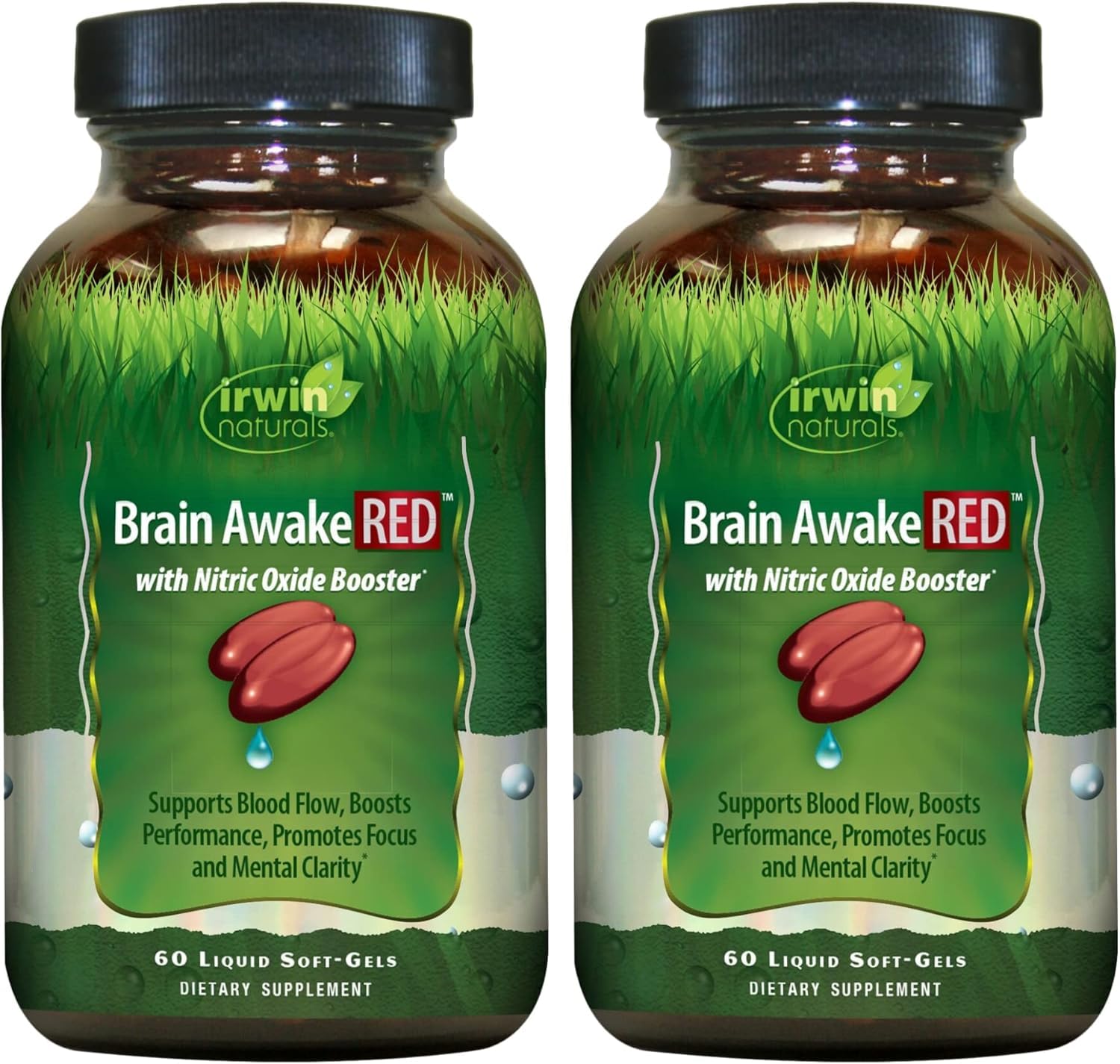 Irwin Naturals Brain Awake RED bottle front for study-ready focus.