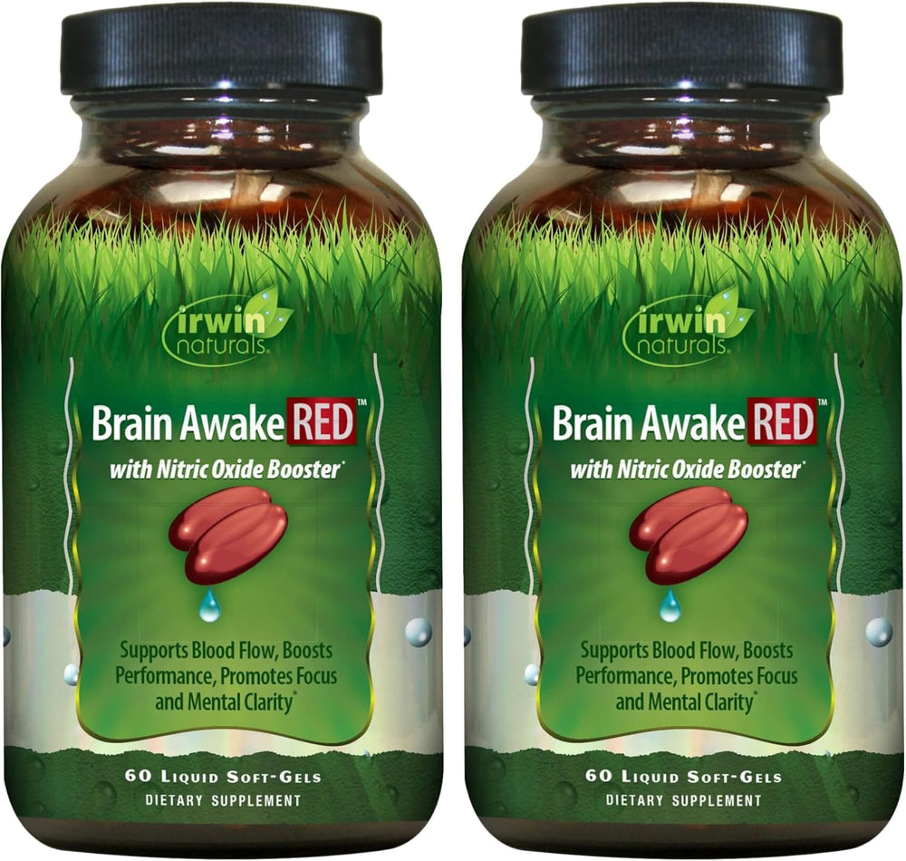 Irwin Naturals Brain Awake RED bottle front for study-ready focus.