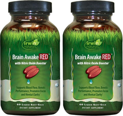 Irwin Naturals Brain Awake RED bottle front for study-ready focus.
