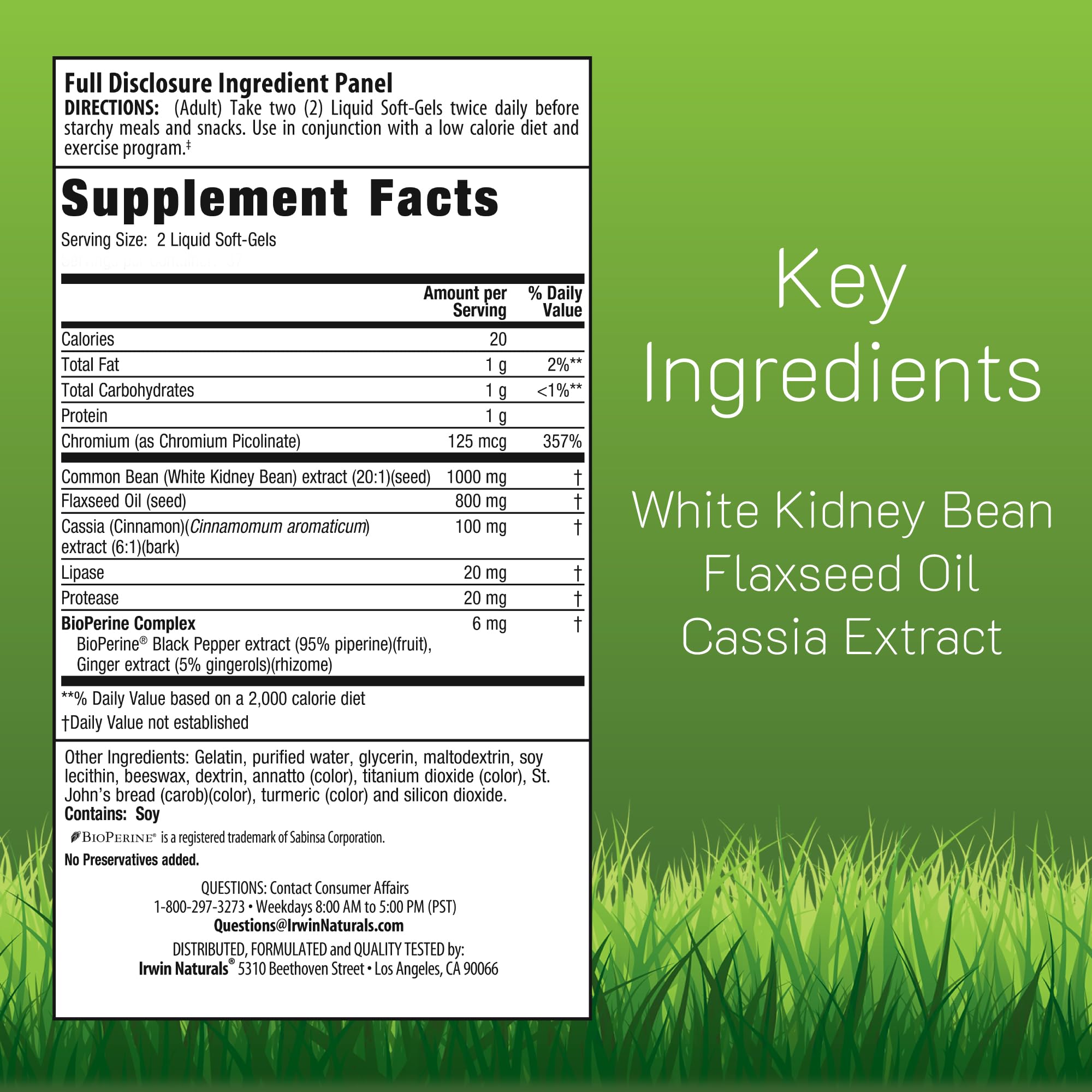 Irwin Naturals carb blocker bottle back view shows label details and usage notes.