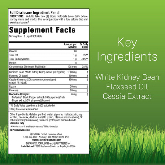 Irwin Naturals carb blocker bottle back view shows label details and usage notes.