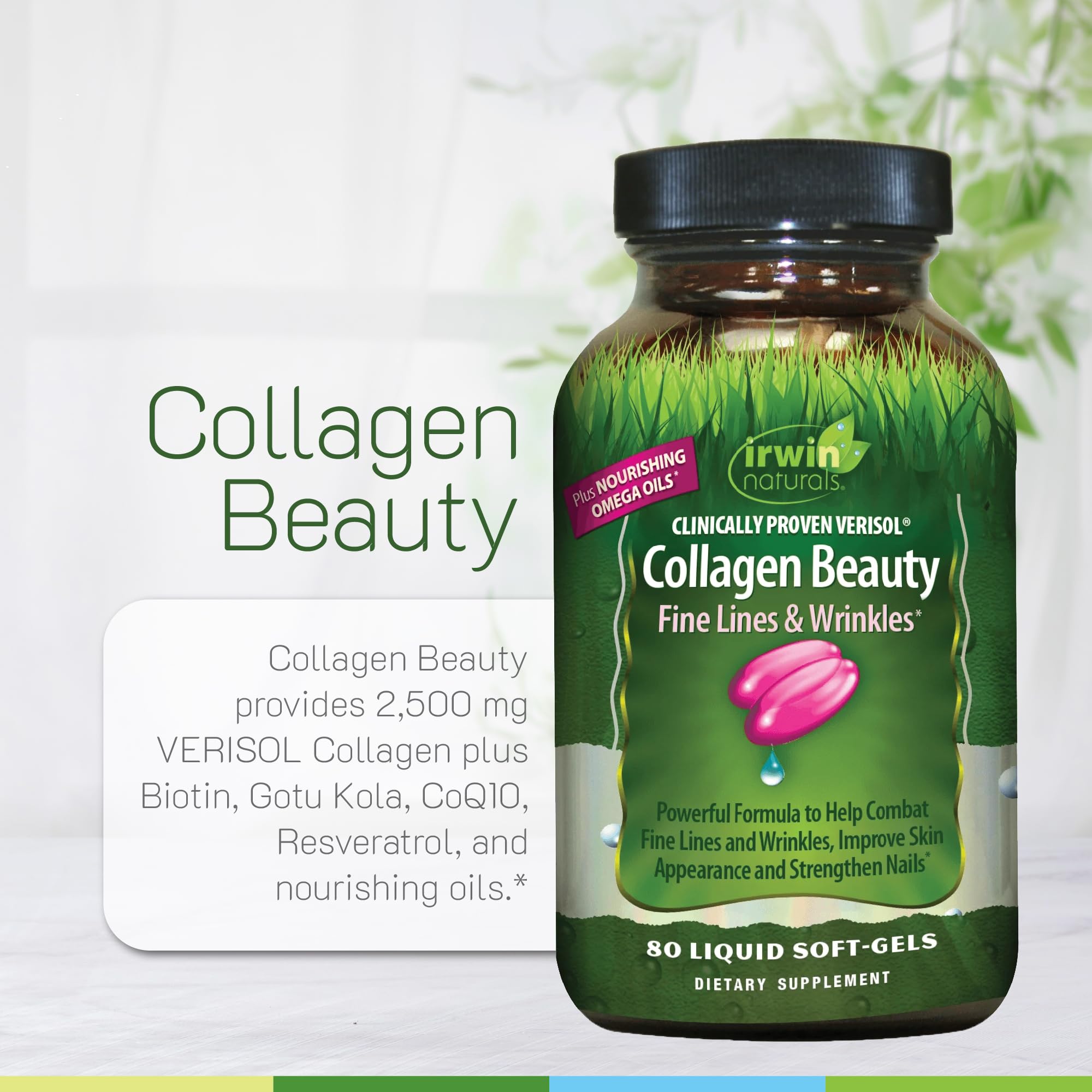 Irwin Naturals Collagen Beauty ingredients panel with biotin CoQ10 and resveratrol