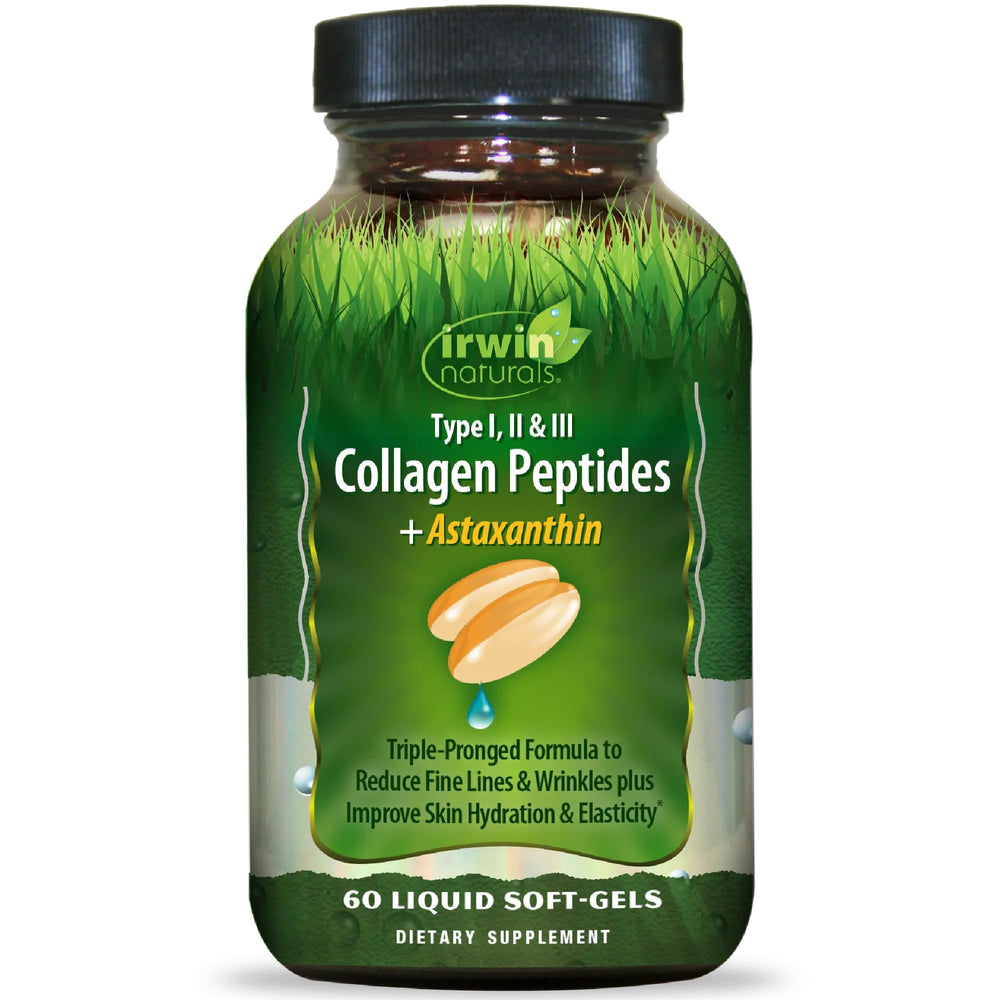 Irwin Naturals Collagen Peptides + Astaxanthin bottle front supports skin and joint wellness.