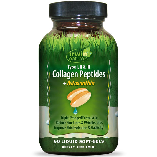 Irwin Naturals Collagen Peptides + Astaxanthin bottle front supports skin and joint wellness.
