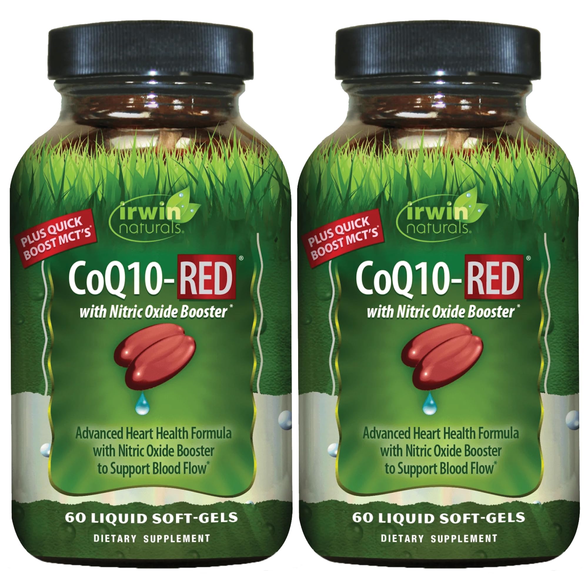 Irwin Naturals CoQ10-RED bottle front highlighting heart support and energy potential