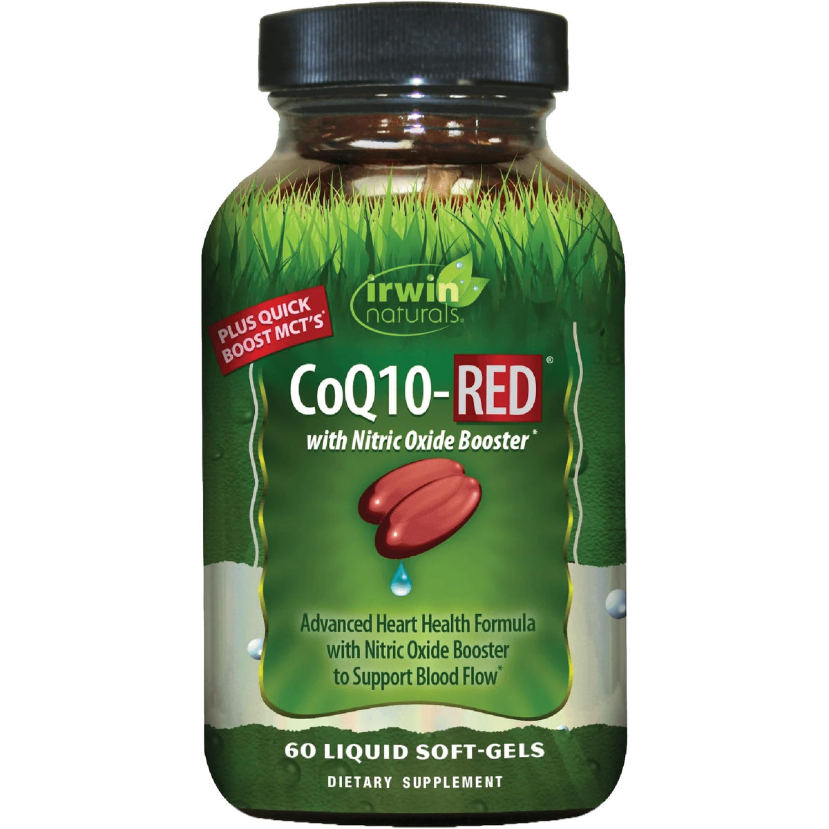 Irwin Naturals CoQ10-RED bottle front view for everyday energy and heart support.