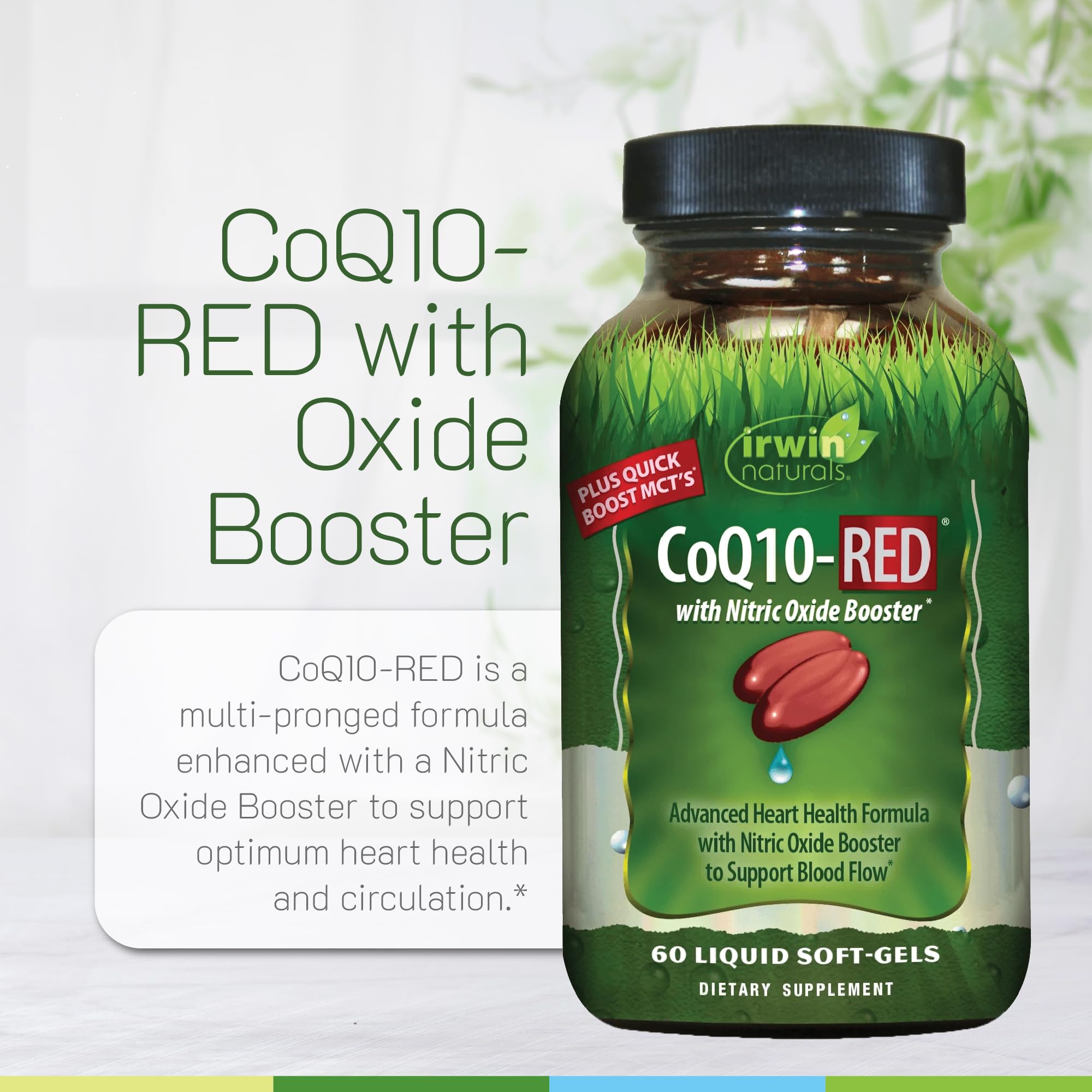 Irwin Naturals CoQ10-RED with L-citrulline supports nitric oxide production for potential vascular benefits.