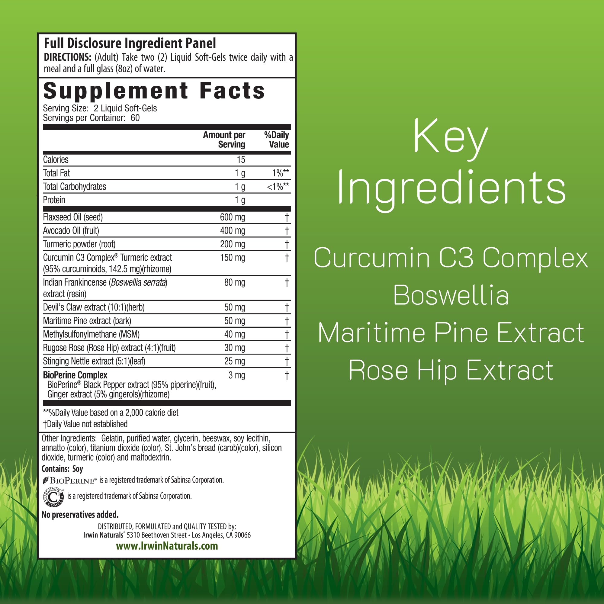 Irwin Naturals curcumin C3 Complex close-up showing turmeric origin and potency.