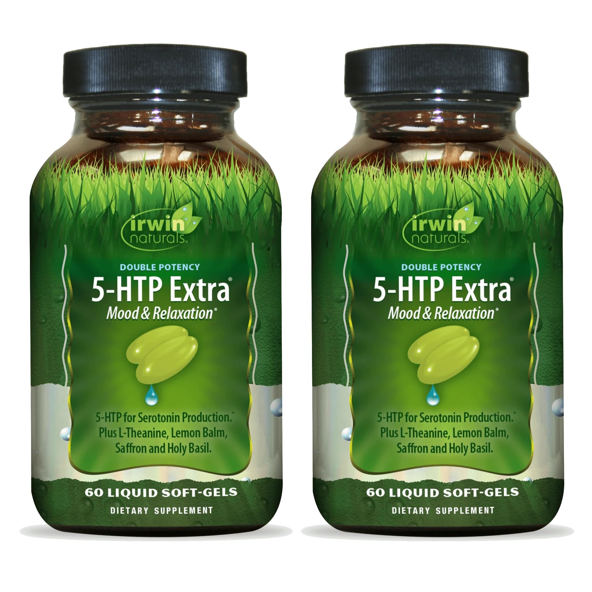 Irwin Naturals Double Potency 5-HTP Extra bottle front view for relaxed mood support